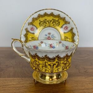 Paragon Teacup Saucer Set Trenton Yellow Gold Flowers England Single Warrant Vtg